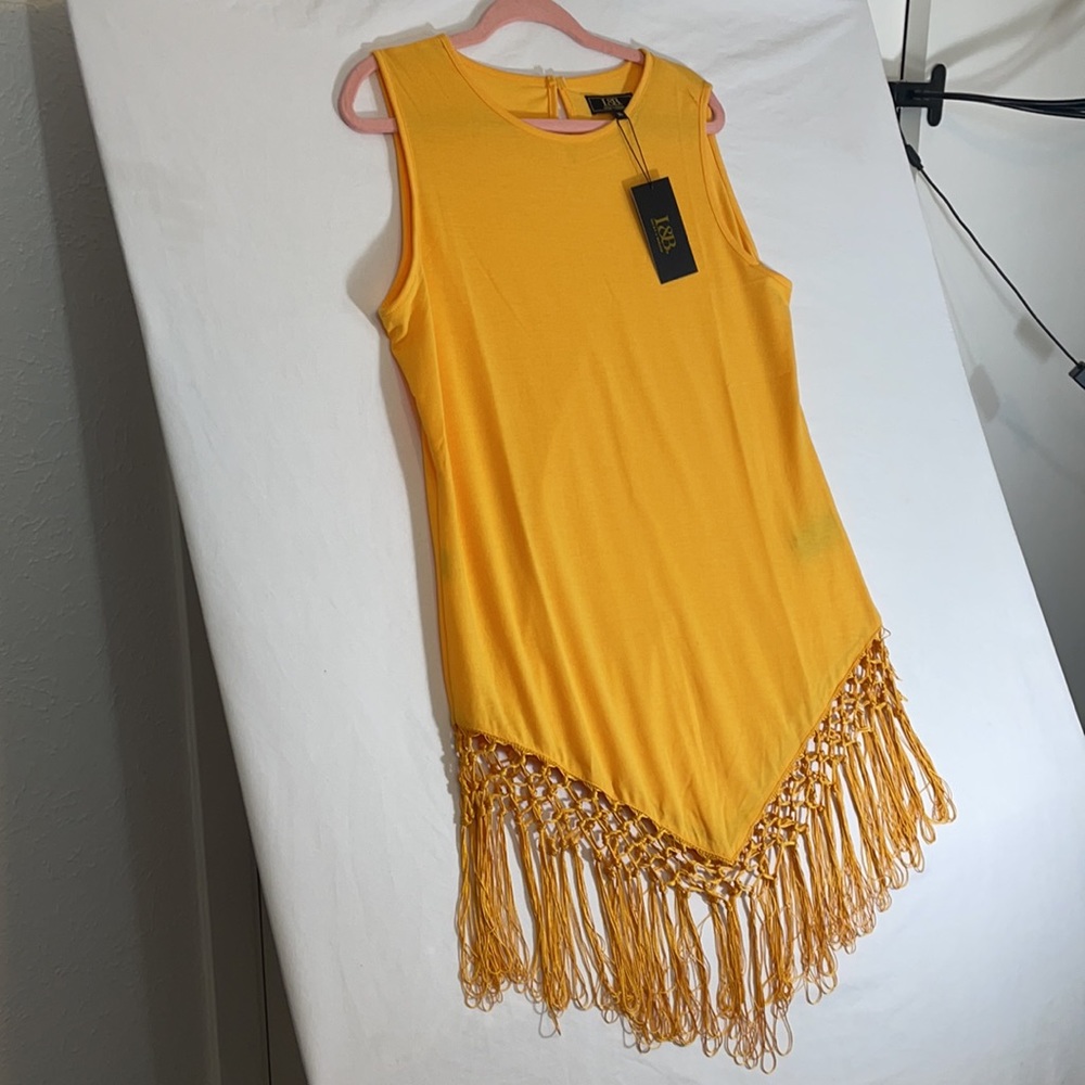 NWT L&B Tank Top, Tunic Length with Fringe, Semi Sheer, Mustard Yellow - Picture 2 of 9